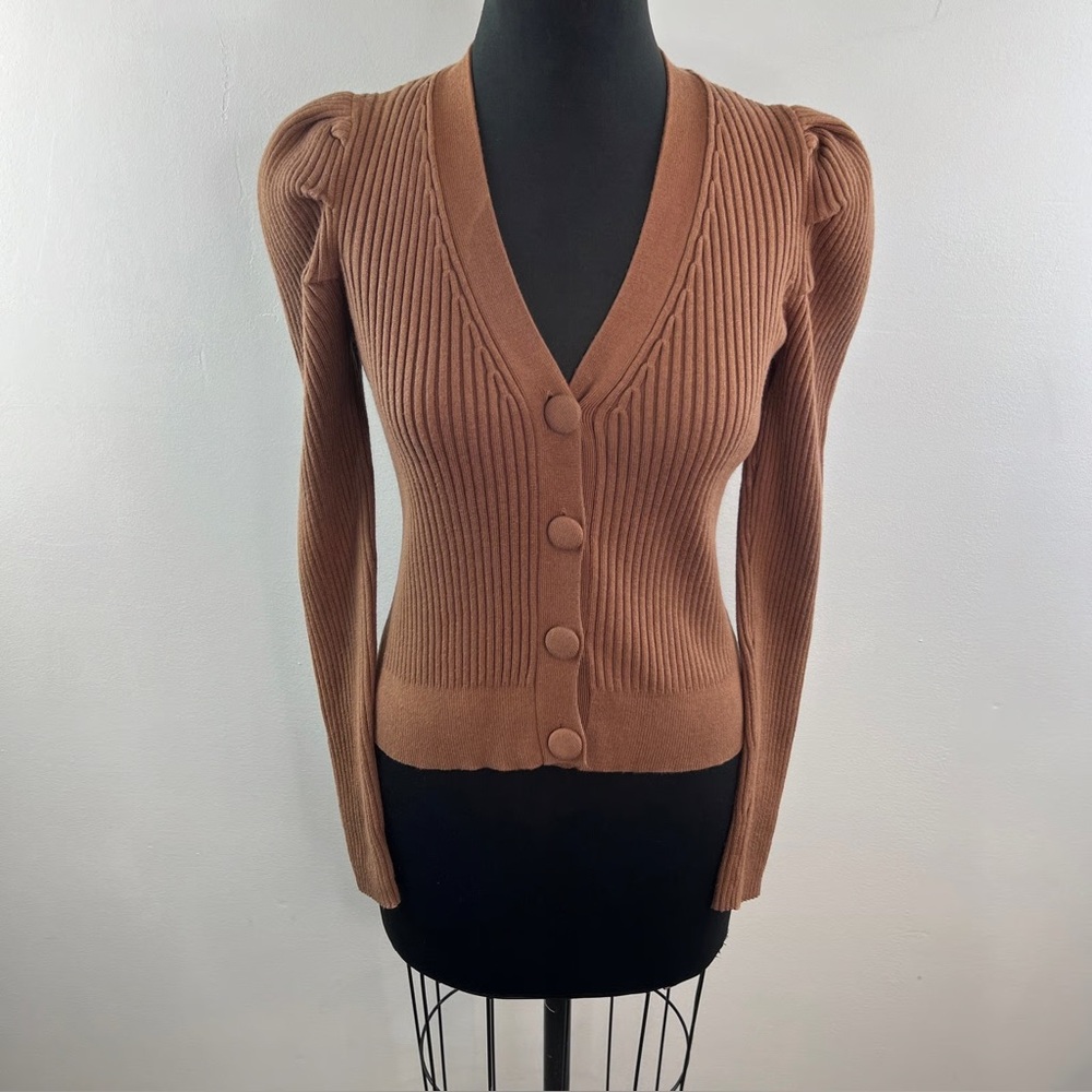 Brown Industry Cardigan with fabric buttons and puff shoulders BNWOT - Picture 2 of 9